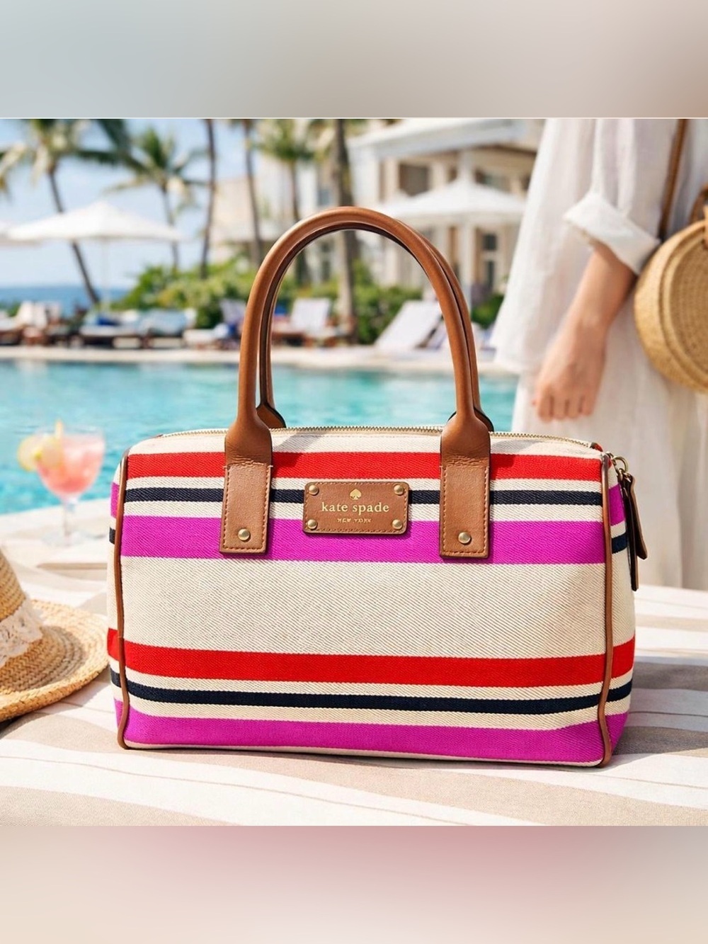 kate spade Striped Canvas Satchel in Pink, Red, Black & Cream